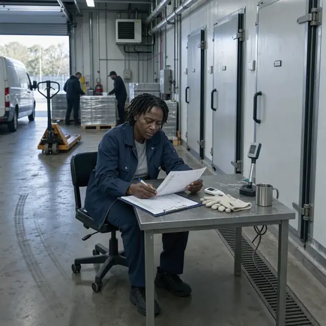 a worker reviewing temperature charts and checklists at a desk beside a row of refrigerated storage doors