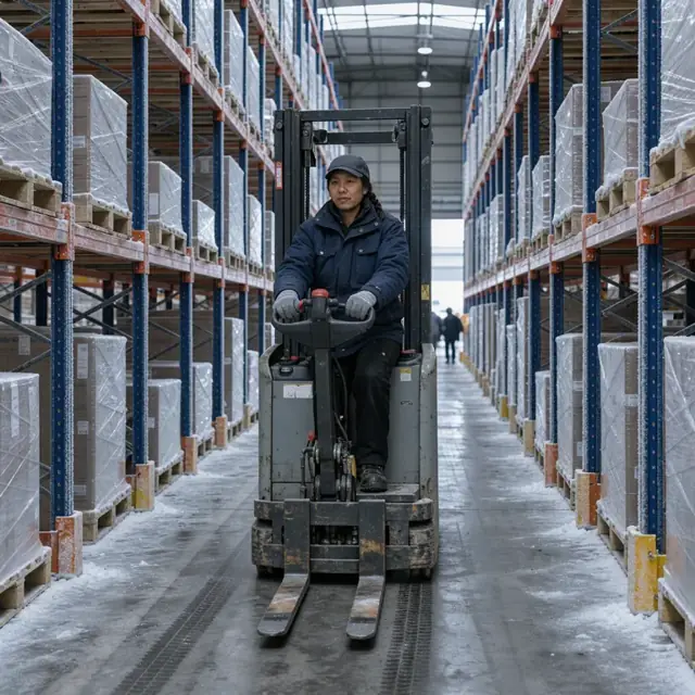 a worker in a heavy jacket driving a reach truck down a narrow frozen aisle lined with tall pallet racks