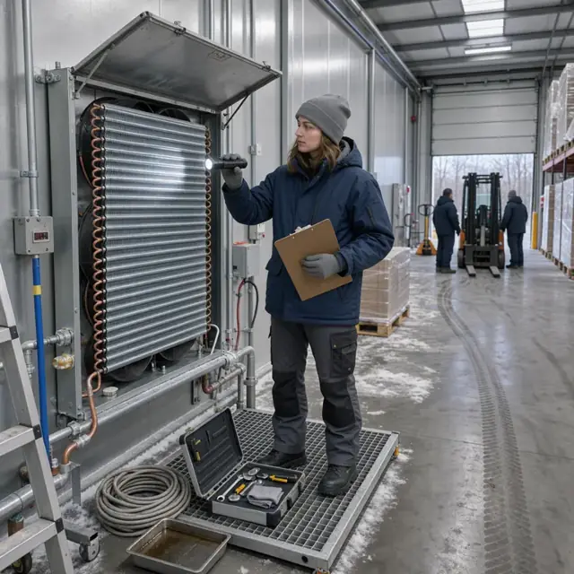a worker inspecting evaporator coils inside a large refrigerated warehouse with a clipboard