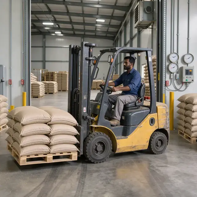 a worker operating a forklift carrying a pallet of stacked grain bags into a tall climate-controlled warehouse bay with visible temperature gauges on the wall