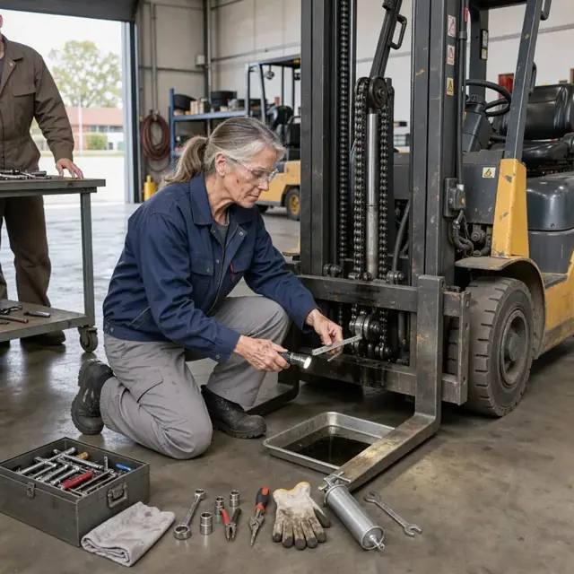 a mechanic inspecting the lift mechanism of a forklift in a warehouse maintenance bay with tools laid out nearby