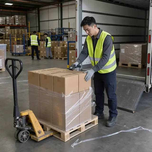 a warehouse worker in safety vest scanning a pallet of boxed goods with a handheld scanner beside an open trailer dock door