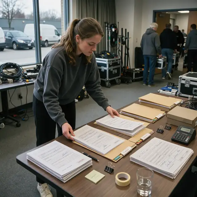 a production coordinator arranging stacks of signed release forms, music cue sheets and permit documents into labeled folders on a conference table