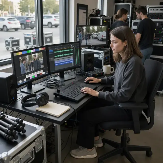 a worker at a color-calibrated workstation reviewing subtitle tracks and audio waveforms on multiple monitors