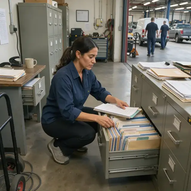 a worker organizing folders of chain-of-title documents, insurance certificates and ratings letters in a filing cabinet