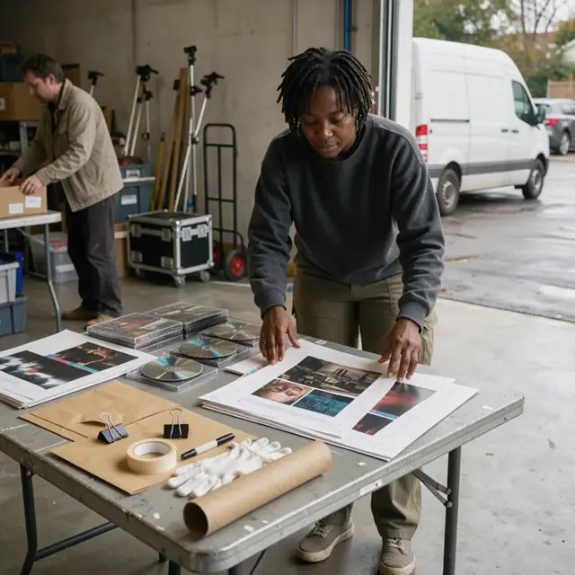a worker arranging printed posters, one-sheets and DVD screeners on a table for an upcoming festival submission