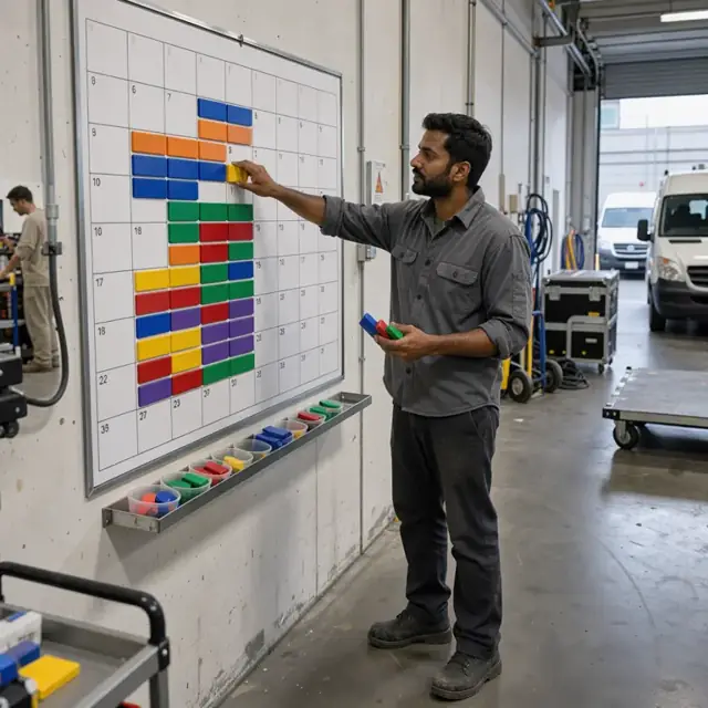 a worker updating a large wall calendar with colored magnets representing different titles and their release windows