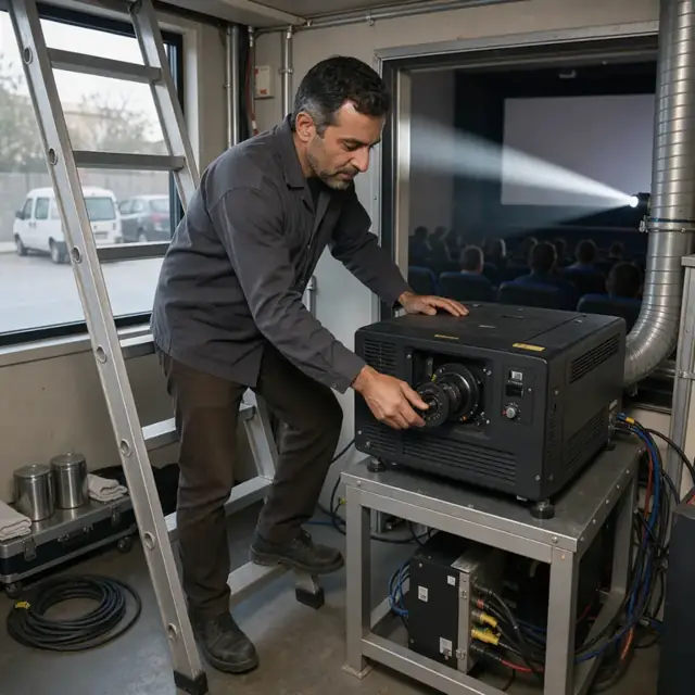 a worker on a ladder in the projection booth adjusting a digital projector aimed at the auditorium screen