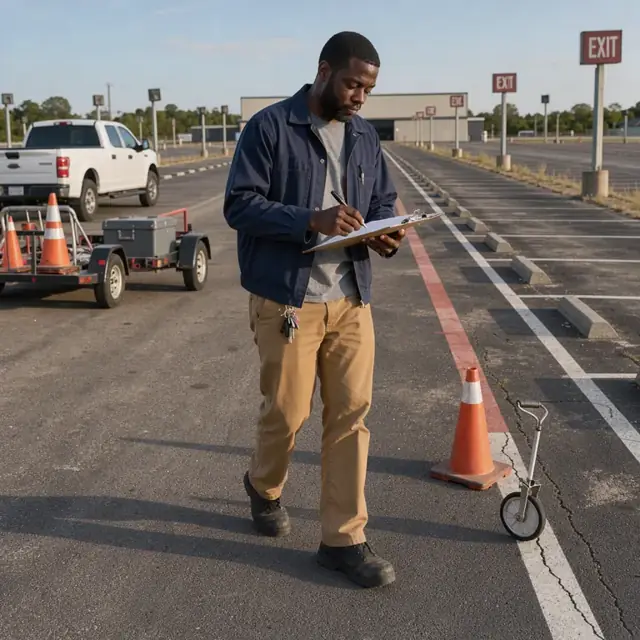a worker walking through empty drive-in parking rows with a clipboard checking fire lane markers and exit signs