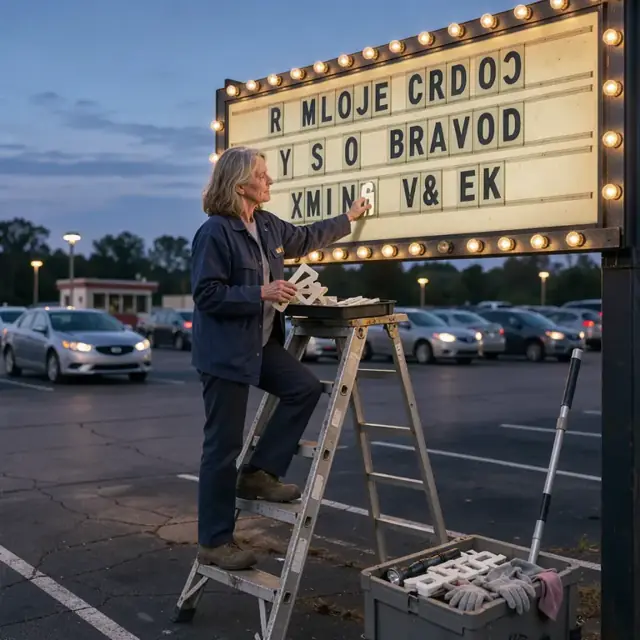 a worker updating a drive-in marquee with upcoming movie titles under evening lights with cars visible in the background