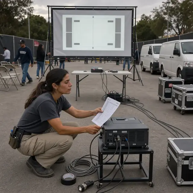 a worker adjusting projection equipment while checking a large outdoor screen against a printed show schedule