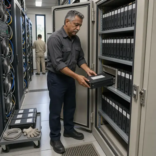 a technician placing labeled archive drives into a locked fireproof cabinet inside a server room with cooling fans visible
