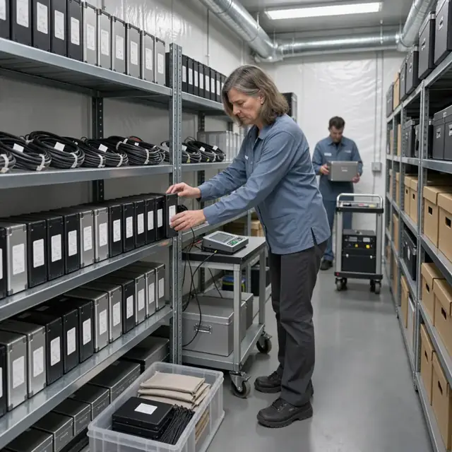 a technician organizing rows of external hard drives and labeled media cases on metal shelving inside a climate-controlled storage room