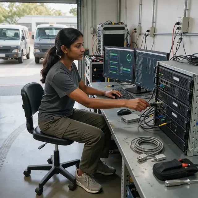 a technician at a workstation connecting an external drive to a rack of servers while checking file transfer progress on multiple monitors