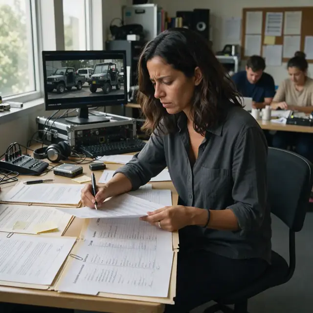 a worker at a desk surrounded by open folders of license agreements and music cue sheets with a video monitor in the background