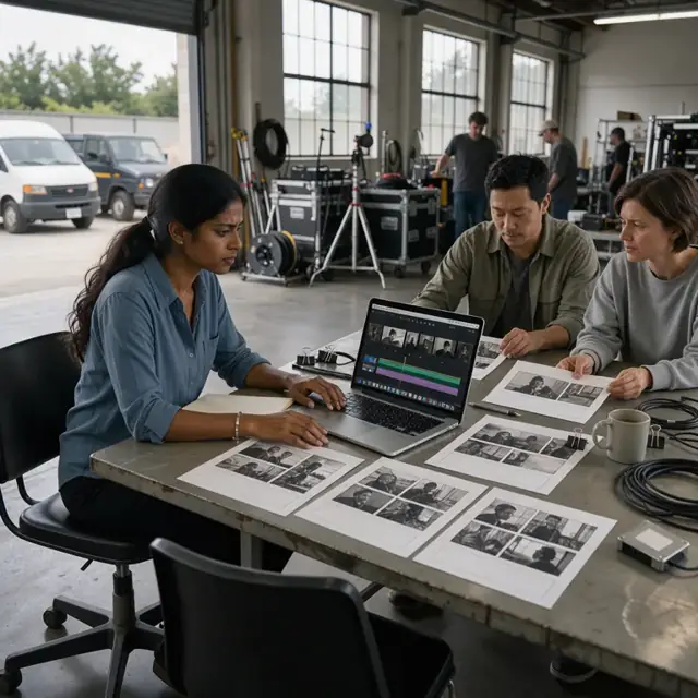 a worker reviewing a project reel on a laptop at a conference table with storyboards nearby