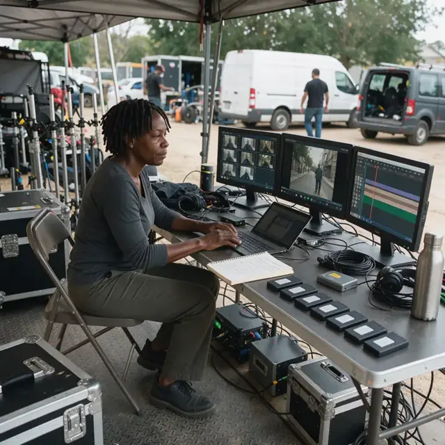 a worker at a workstation watching playback on multiple monitors while typing timecode notes next to a row of memory cards