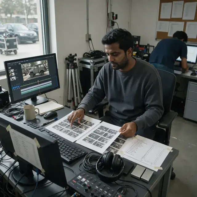 a worker at a desk reviewing printed storyboards and a shot list taped to a monitor in a small edit suite