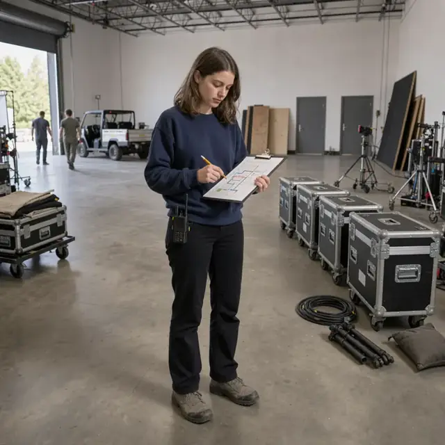 a worker checking a clipboard with a location map and equipment cases lined up in an empty studio