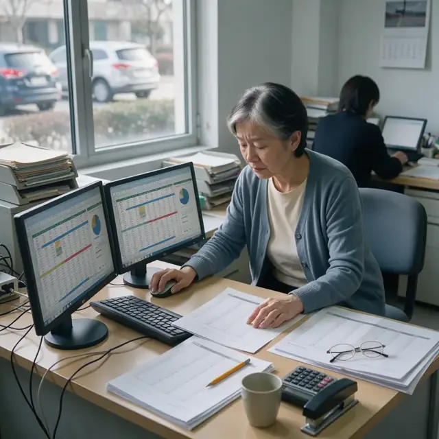 a worker comparing royalty statements on multiple spreadsheets displayed across two computer monitors in a quiet office