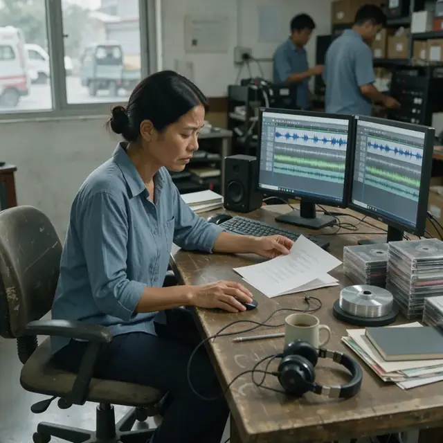 a worker at a wooden desk reviewing lyric sheets and waveform displays on dual monitors next to stacks of unlabeled CD cases