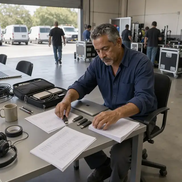 a worker seated at a conference table arranging printed cue sheets and USB drives containing song demos inside an open laptop bag