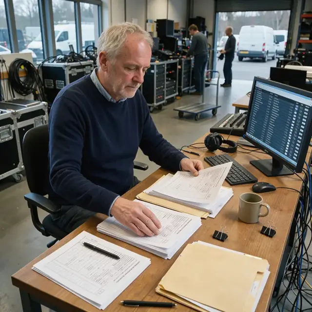 a studio manager at a desk organizing printed cue sheets and license forms next to a computer displaying a track list