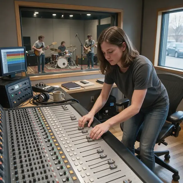 an engineer at a large format mixing console adjusting faders while a band plays in the live room visible through the control room window