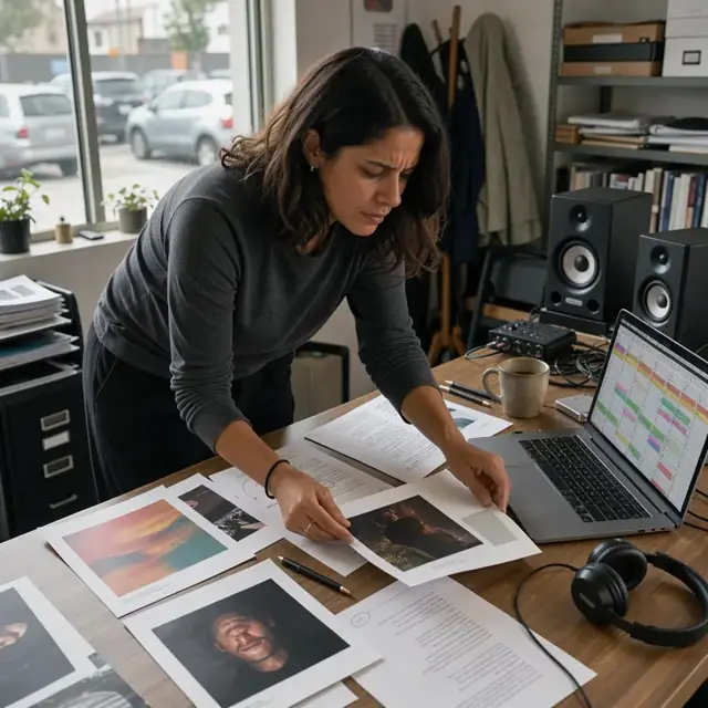a desk covered with printed album cover proofs, lyric sheets and a laptop displaying a detailed spreadsheet of track metadata