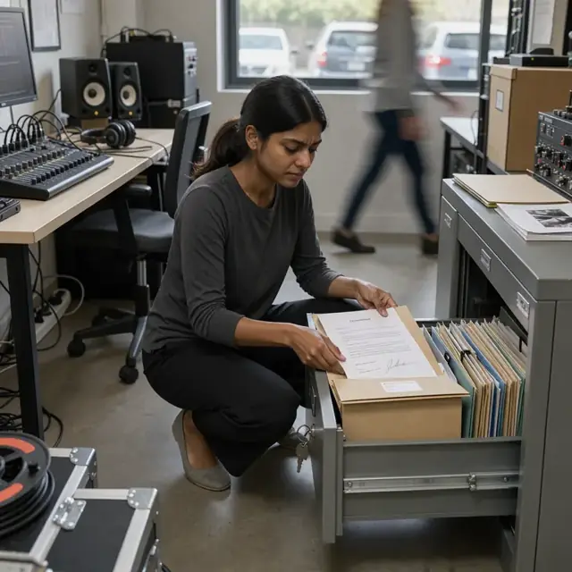 a sound engineer placing a signed contract into a labeled project folder inside a fireproof filing cabinet in an office corner