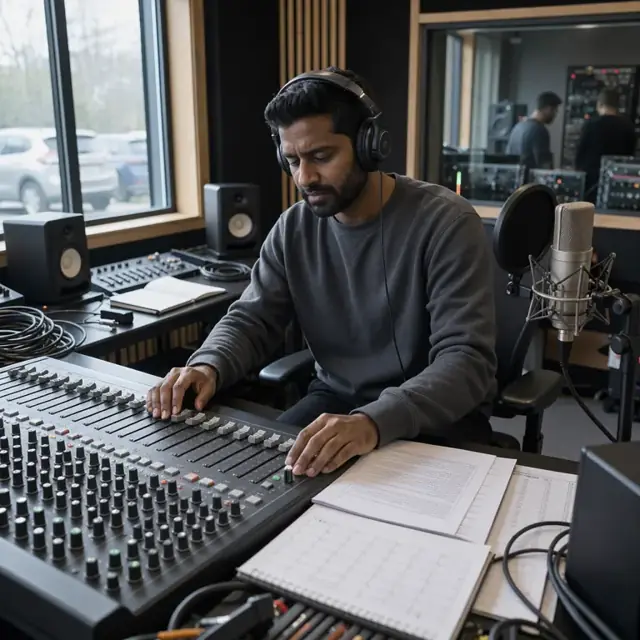a mixing console with a printed script, technical spec sheet and open calendar beside a large diaphragm microphone on a stand in a quiet studio
