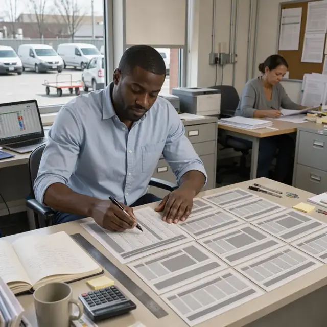 a sales representative at a desk reviewing a printed rate card beside a grid of newspaper page dummies