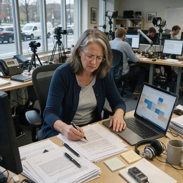 a newsroom desk covered with printed press releases and notepads next to an open laptop showing an editorial calendar