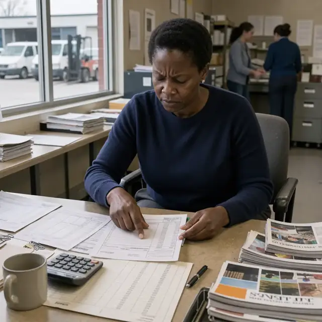 a worker at a desk reviewing printed invoices and payment records with stacks of magazines nearby