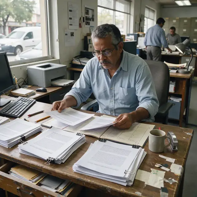 a worker at a desk sorting stacks of printed article proposals next to an open editorial calendar