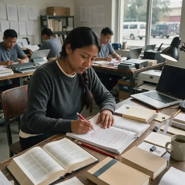 a worker marking up printed manuscript pages with a red pen at a desk covered with reference books
