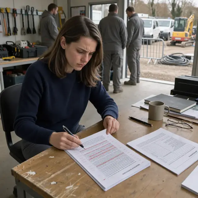 a wooden desk with an open contract document showing redline edits next to a printed proposal summary
