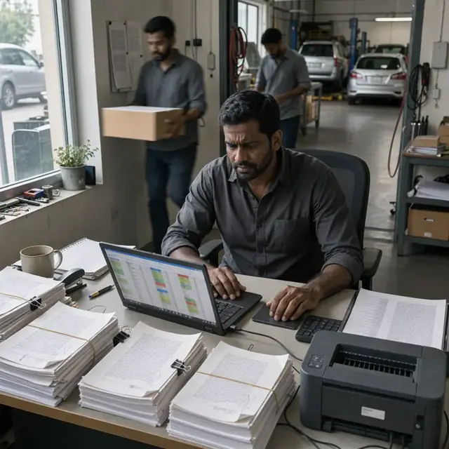 a desk with stacks of printed manuscripts beside a laptop open to a submission tracking spreadsheet