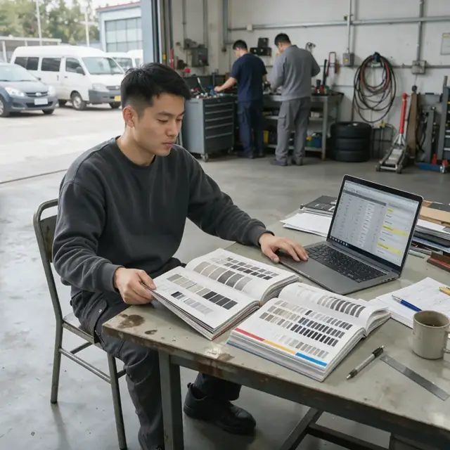a desk with printed sample directories open next to a laptop showing highlighted data selection criteria