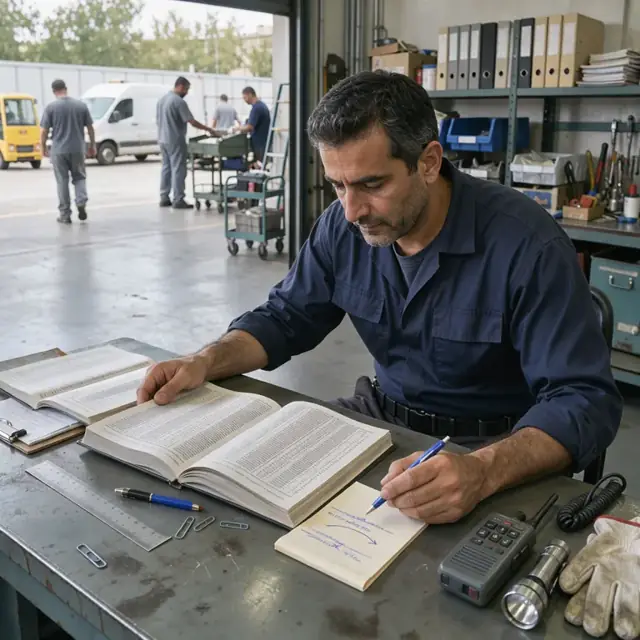 a worker comparing two printed directory editions side by side at a desk while marking changes on a notepad