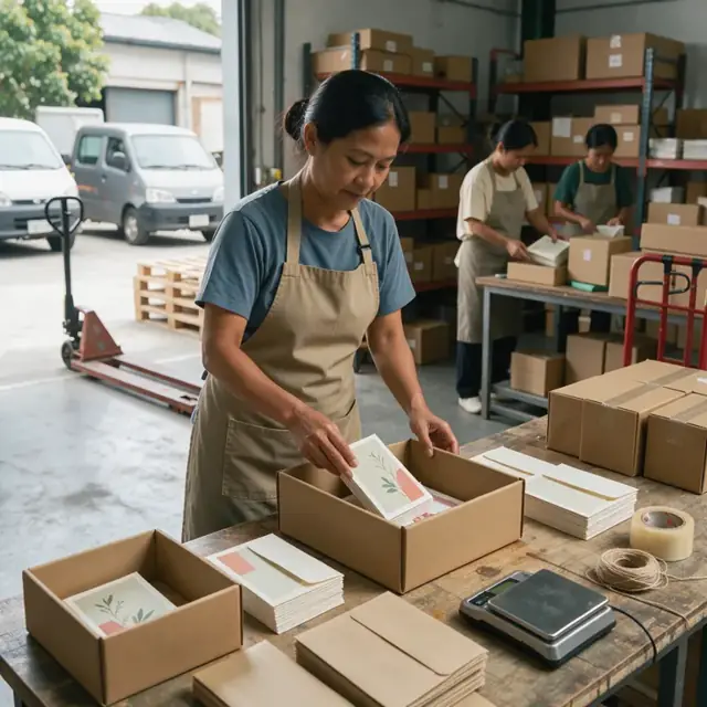 a packing table with neatly folded greeting cards being placed into corrugated shipping boxes alongside matching envelopes