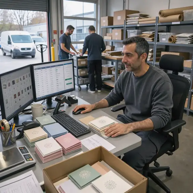 a workstation with multiple computer monitors displaying order details next to stacks of sample greeting cards and envelopes