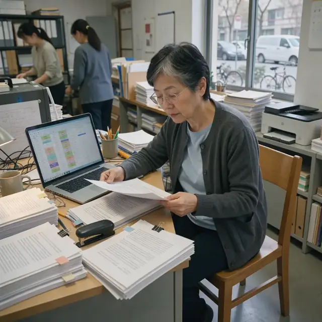 a desk with stacks of printed manuscripts next to an open laptop displaying a submission tracking spreadsheet