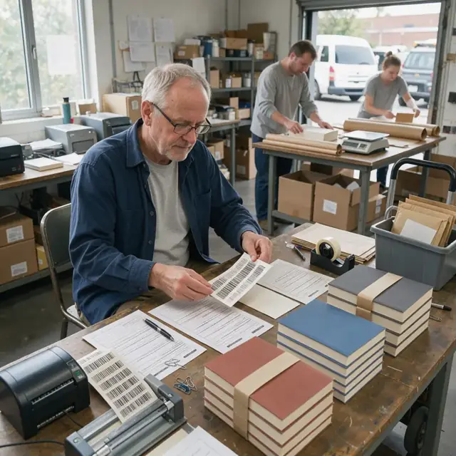 a desk with printed ISBN barcode labels, copyright registration forms and stacks of finished books ready for deposit