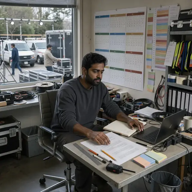 a production desk with a large printed seasonal calendar pinned to the wall beside color-coded timeline charts