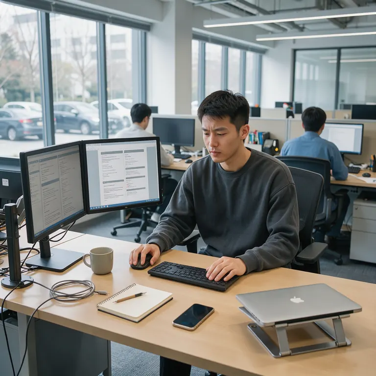 a software engineer reviewing release notes next to a rollout checklist on two monitors in a quiet office