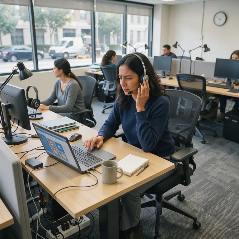 a support specialist with a headset reading a ticket queue on a laptop in an open office