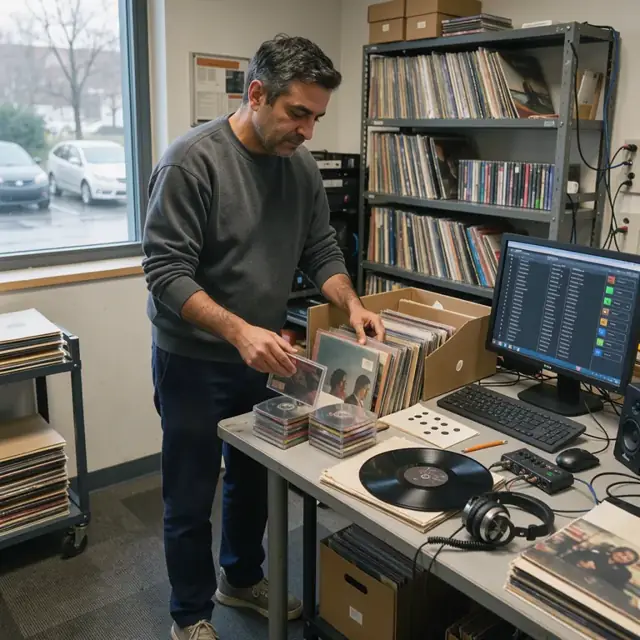 a radio staff member organizing compact discs and vinyl in a station music library beside a computer displaying track metadata