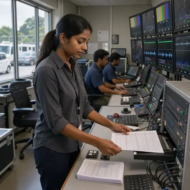 a broadcast engineer loading a printed daily program log into automation equipment beside a wall of control monitors