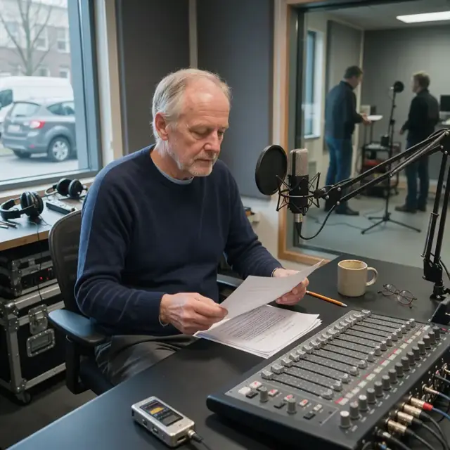 a producer reviewing guest pitch papers next to a studio microphone and mixing console